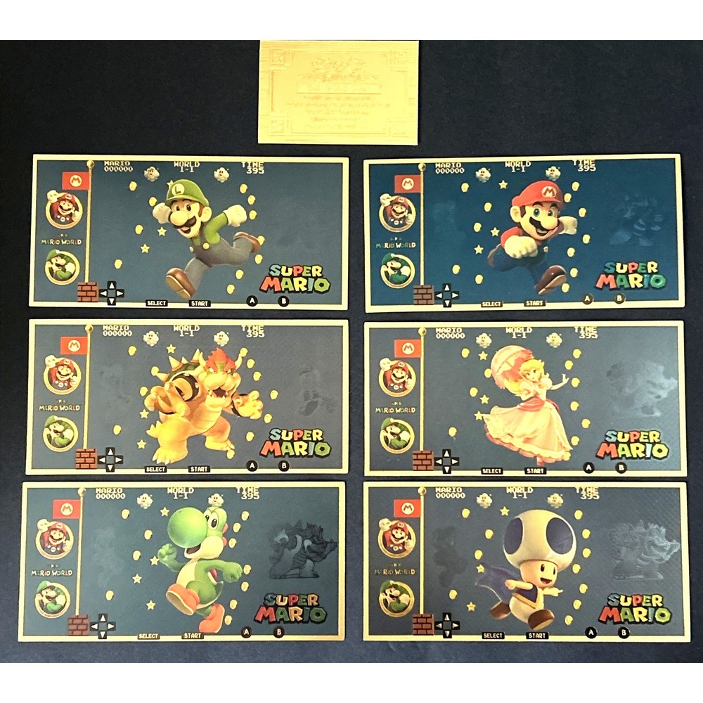 Lot of 6 Super Mario Bros Luigi Princess Peach Bowser Gold Foil Notes Set